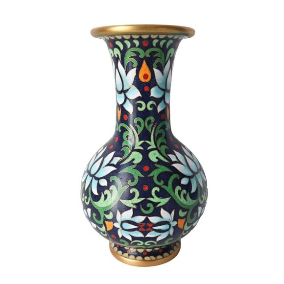 Vintage Cloisonne Lotus Vase with Wood Stand Hand Painted Floral Enamel - Picture 6 of 7